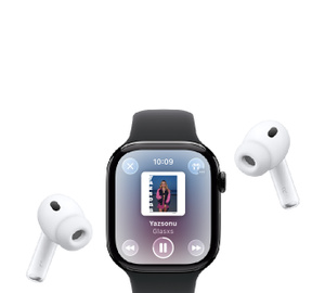 Apple Watch ve Spor Kordon, Apple Music’te şimdi çalıyor ekranı, albüm kapağı, çalma denetimleri; AirPods Pro kablosuz kulaklık