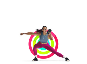 Apple Fitness+ trainer, in a side lunge, one arm flexed with dumbbell, one arm extended, in front of completed Activity rings