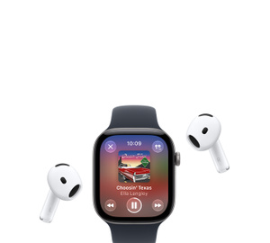 Apple Watch with Sport Band, Apple Music now playing screen, album art, playback controls; AirPods Pro wireless headphones