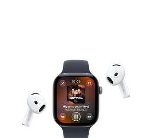 Apple Watch with Sport Band, Apple Music now playing screen, album art, playback controls; AirPods Pro wireless headphones
