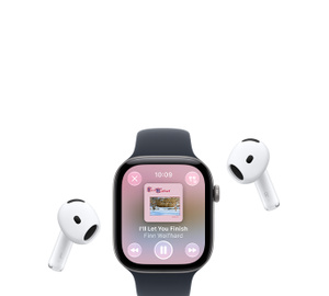 Apple Watch with Sport Band, Apple Music now playing screen, album art, playback controls; AirPods Pro wireless headphones