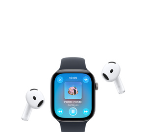 Apple Watch with Sport Band, Apple Music now playing screen, album art, playback controls; AirPods Pro wireless headphones