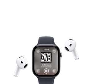 Apple Watch with Sport Band, Apple Music now playing screen, album art, playback controls; AirPods Pro wireless headphones