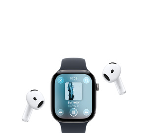Apple Watch with Sport Band, Apple Music now playing screen, album art, playback controls; AirPods Pro wireless headphones