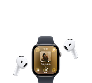 Apple Watch with Sport Band, Apple Music now playing screen, album art, playback controls; AirPods Pro wireless headphones