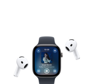 Apple Watch with Sport Band, Apple Music now playing screen, album art, playback controls; AirPods Pro wireless headphones