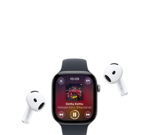 Apple Watch with Sport Band, Apple Music now playing screen, album art, playback controls; AirPods Pro wireless headphones