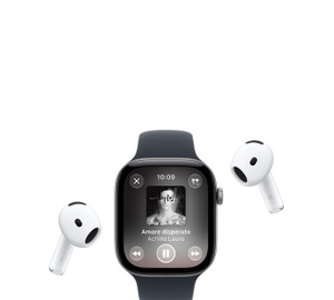 Apple Watch with Sport Band, Apple Music now playing screen, album art, playback controls; AirPods Pro wireless headphones