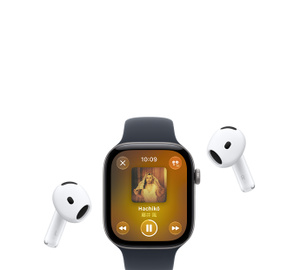 Apple Watch with Sport Band, Apple Music now playing screen, album art, playback controls; AirPods Pro wireless headphones