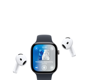 Apple Watch with Sport Band, Apple Music now playing screen, album art, playback controls; AirPods Pro wireless headphones