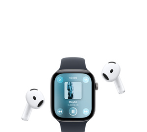 Apple Watch with Sport Band, Apple Music now playing screen, album art, playback controls; AirPods Pro wireless headphones