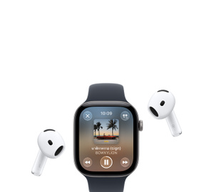 Apple Watch with Sport Band, Apple Music now playing screen, album art, playback controls; AirPods Pro wireless headphones