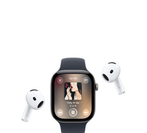 Apple Watch with Sport Band, Apple Music now playing screen, album art, playback controls; AirPods Pro wireless headphones