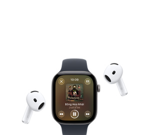 Apple Watch with Sport Band, Apple Music now playing screen, album art, playback controls; AirPods Pro wireless headphones