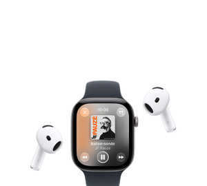 Apple Watch with Sport Band, Apple Music now playing screen, album art, playback controls; AirPods Pro wireless headphones