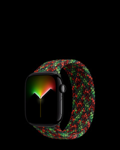 Apple Watch Series 11, paired with Braided Solo Loop band, silicone threads wrapped in polyester yarn textile material, closure-free, no buckle or clasp, Black Unity - Unity Connection color (black, red, green color threads woven in a braided pattern), aluminum case, jet black color, polished finish, Digital Crown with cellular indicator, microphone, side button, analog watch face, watch hands (hour and minute hands emit light with elapsed time)