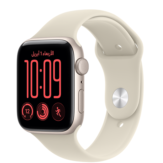 ساعة Apple Watch SE 3، إطار ألومنيوم، لون ضوء النجوم، متصلة بحزام رياضي، لون رملي (أسمر فاتح)