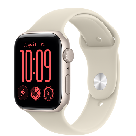 Apple Watch SE 3, ตัวเรือนอะลูมิเนียม, สีสตาร์ไลท์, เชื่อมต่ออยู่กับสายแบบ Sport Band, สีทราย (แทนอ่อน)