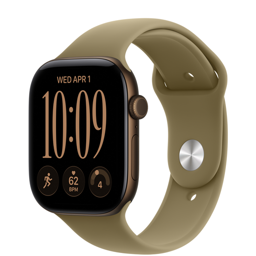 Apple Watch Series 12, aluminum case, dark bronze color, connected to Sport Band, olive color (earthy green)
