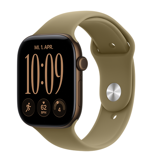 Apple Watch Series 12, Aluminiumgehäuse, Farbe Dunkelbronze, mit Sportarmband verbunden, Farbe Oliv (erdig grün)
