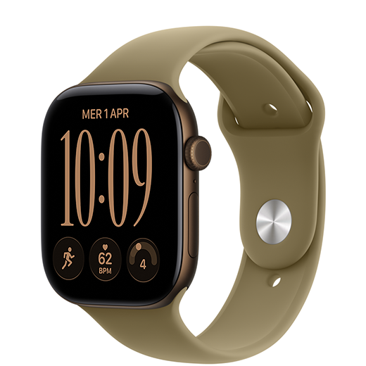 Apple Watch Series 12, cassa in alluminio color bronzo scuro, cinturino Sport oliva (verde terra)