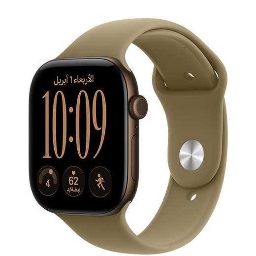 ساعة Apple Watch Series 12، إطار ألومنيوم، لون برونزي داكن، متصلة بحزام رياضي، لون زيتي (أخضر ترابي)