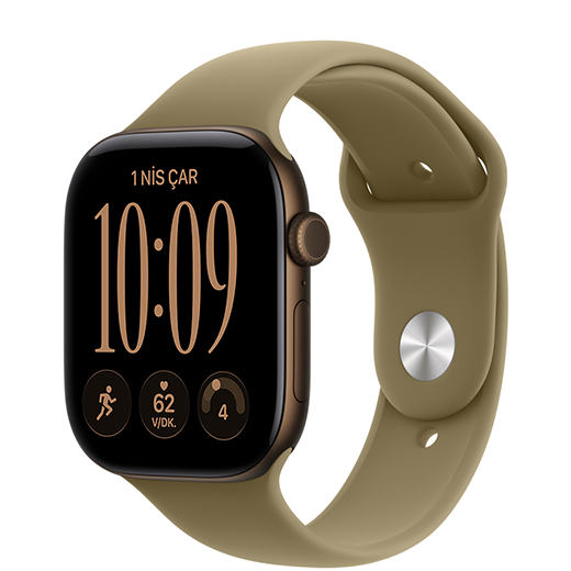 Apple Watch Series 12, alüminyum kasa, koyu bronz renk, Spor Kordon’a takılı, klasik zeytin yeşili renk (toprak yeşili)