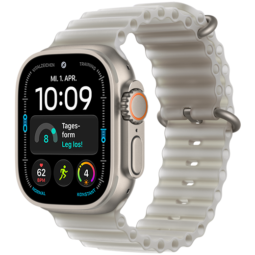 Apple Watch Ultra 4, Titangehäuse, Farbe Natur, mit Ocean Armband verbunden, Farbe Halbtransparentes Grau