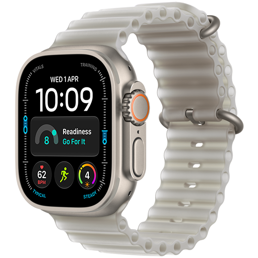 Apple Watch Ultra 4, titanium case, natural color, connected to OceanBand, translucent gray color