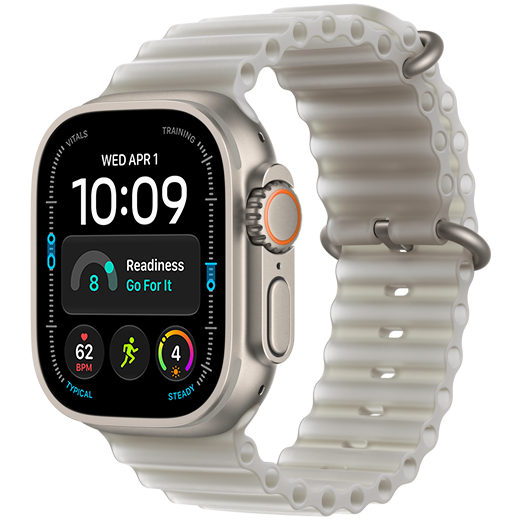 Apple Watch Ultra 4, titanium case, natural color, connected to Ocean Band, translucent gray color