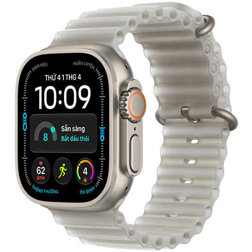 Apple Watch Ultra 4, vỏ titan, màu tự nhiên, kết nối với Dây Đeo Ocean, màu xám trong mờ