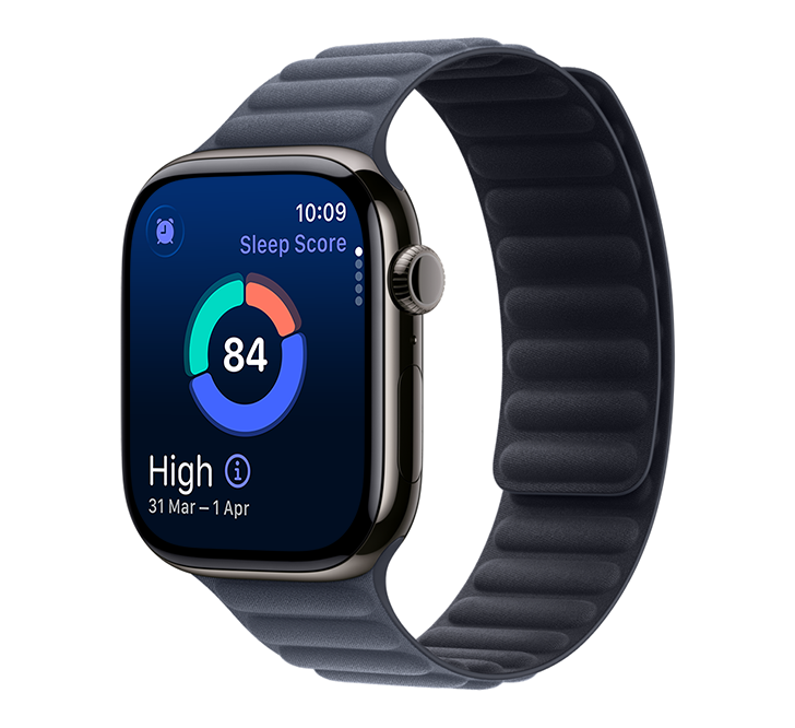 Apple Watch Series 11, titanium case, slate colour, Magnetic Link strap, navy colour
