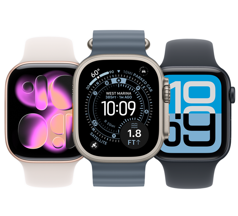 Apple Watch Series 11, aluminium case, Rose Gold colour, Sport Band, Light Blush colour, Apple Watch Ultra 3, titanium case, Natural colour, Ocean strap, Anchor Blue colour, Apple Watch SE 3, Midnight colour, Sport Band, Midnight colour