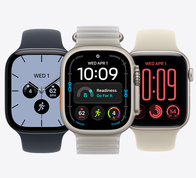 Apple Watch Series 12, ceramic case, night blue color, Sport Band, navy blue color, Apple Watch Ultra 4, titanium case, natural color, Ocean Band, grey color, Apple Watch SE 3, starlight color, Sport Band, sand color (light tan)
