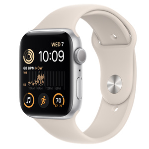 Apple Watch SE (GPS) • 44‑mm kast van zilverkleurig aluminium • Sportbandje  - Sterrenlicht - Standaardmaat - Apple (NL)