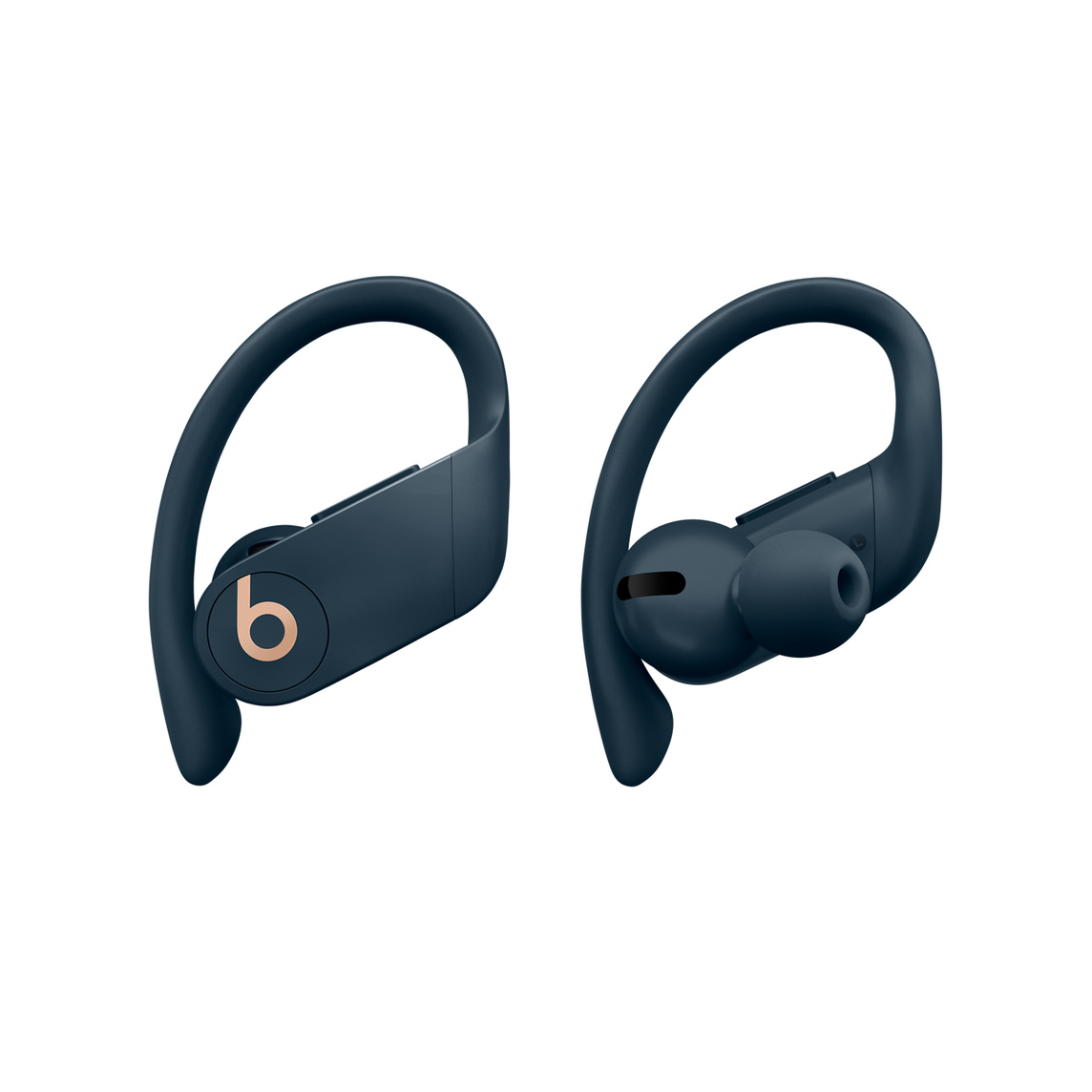 Powerbeats Pro helt trådeløse ørepropper i marineblå med justerbare ørekroker som sitter som støpt og leveres med utskiftbare øreplugger i flere størrelser for bedre komfort.