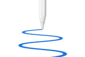 La punta de un Apple Pencil está dibujando con fluidez una línea azul curvada