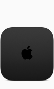 Black Apple TV 4K, square top, rounded corners, engraved Apple logo. Sides, smooth, flat.