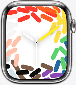 Quadrante Apple Watch Series 8, ovali in tinta unita in vari colori Pride raggruppati per colore lungo il bordo del quadrante, lancetta dell’ora bianca, lancetta dei minuti gialla