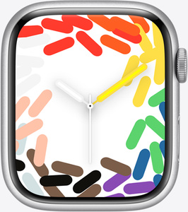 Cadran d’Apple Watch Series 8, orn&eacute; de vermicelles unis aux couleurs Pride regroup&eacute;s par teintes, aiguille des heures blanche, aiguille des minutes jaune