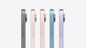 Side view of iPad Air in available colours showing the thin design and volume buttons.