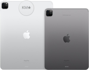 Engraving area on the back of iPad Pro, Apple logo. 12.9-inch engraving has initials and star emoji, 11-inch engraving reads "This iPad belongs to Laura"