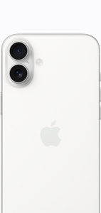 iPhone 16 Plus, blanc, vue arrière, système avancé à deux caméras, logo Apple centré