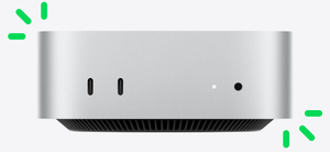 Mac&nbsp;mini zepředu s&nbsp;ilustrovanými zelenými čárami, které se paprsčitě rozbíhají od levého horního a&nbsp;pravého dolního rohu