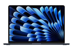 MacBook Air 15 pouces, ouvert, cadre fin, caméra FaceTime HD, pieds surélevés, bords incurvés, finition minuit