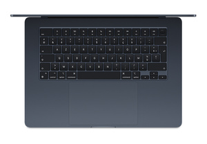 MacBook Air 15 pouces, ouvert et vu en plongée, clavier avec touches de fonction grand format et bouton Touch ID circulaire, trackpad, finition minuit