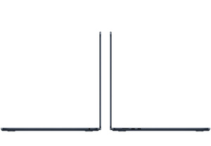 Côté extérieur, MacBook Air 15 pouces, profil incroyablement fin, ports côtés gauche et droit, finition minuit