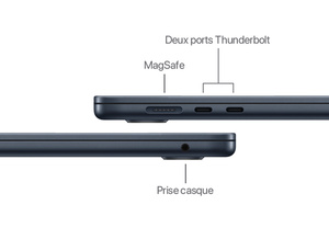 MacBook Air 15 pouces, ports disponibles, port MagSafe, deux ports Thunderbolt sur le côté gauche, prise casque sur le côté droit, finition minuit