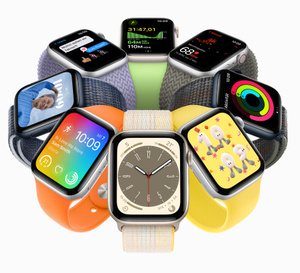 In einem Kreis angeordnete Apple&nbsp;Watch Ger&auml;te.