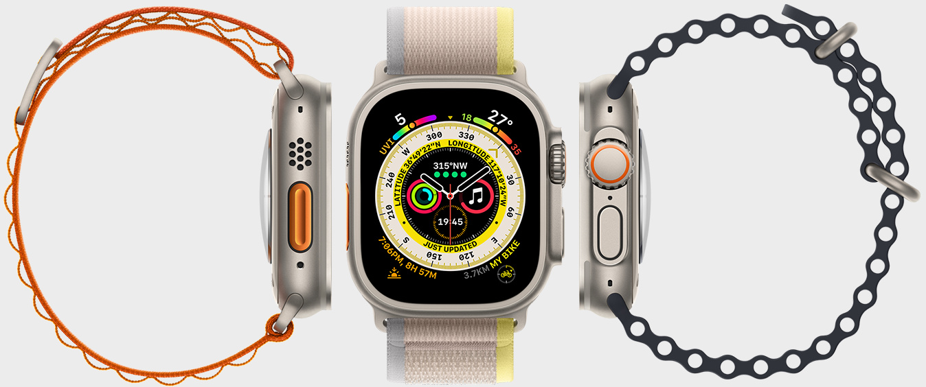 Three Apple Watch Ultra models showcasing the different strap styles.